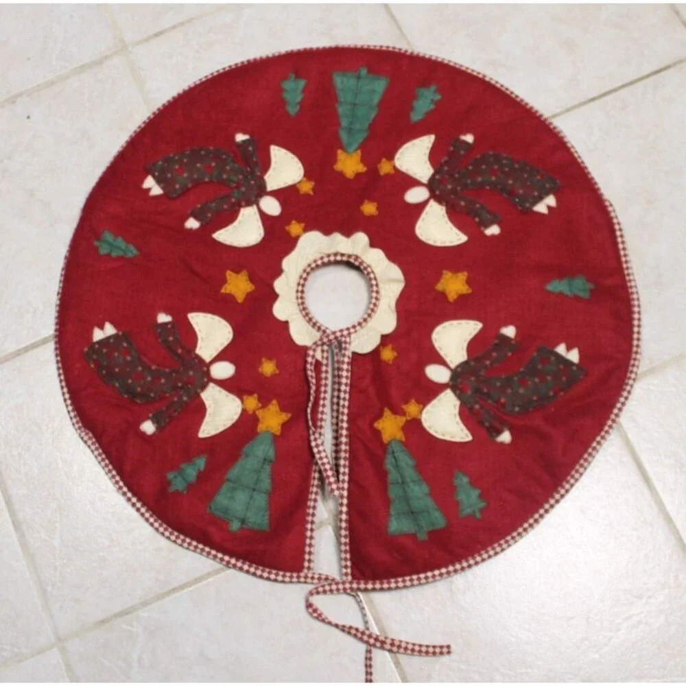 Vintage Handmade CHRISTMAS Tree Skirt Burgandy Angels, Stars, Trees Applique 25